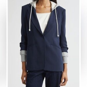 Cinq à Sept Navy Blue Blazer with Gray Hoodie